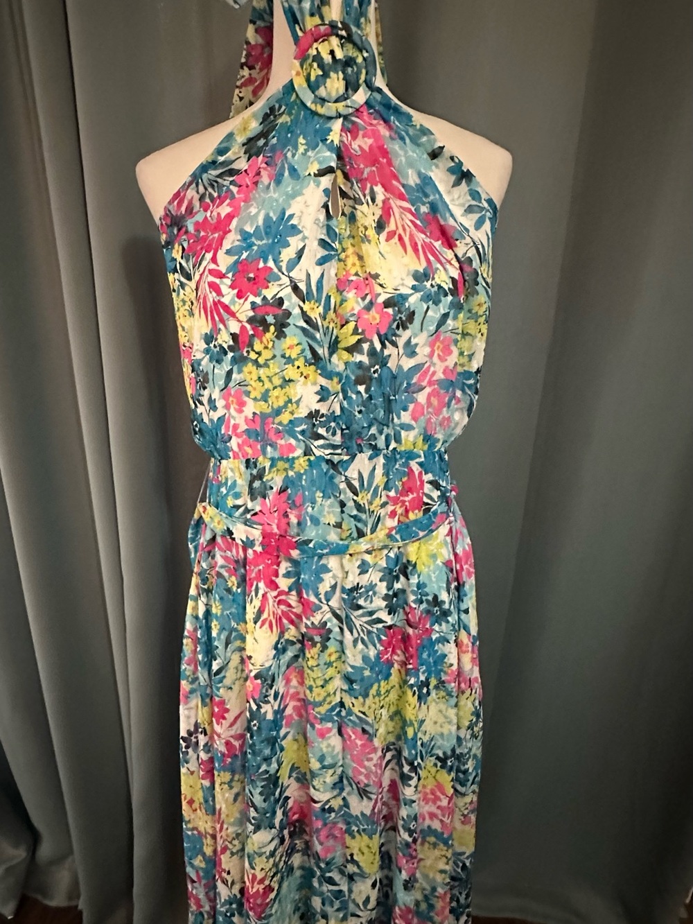 Anne Klein Floral Halter Midi Dress Blue Multi Tie Waist NWT Women's 12 - Picture 2 of 11